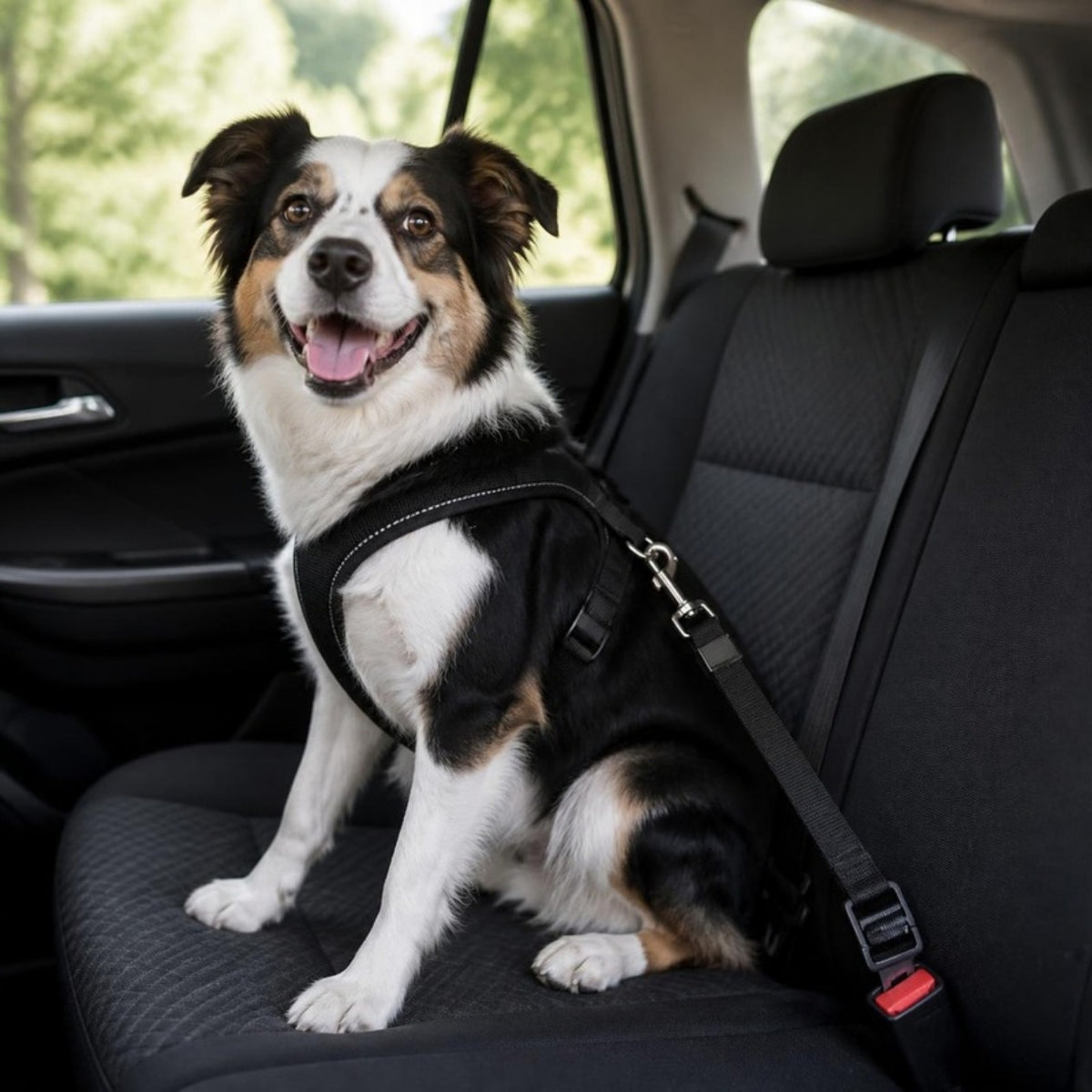Perro sentado en el auto con el cinturón de seguridad para mascotas