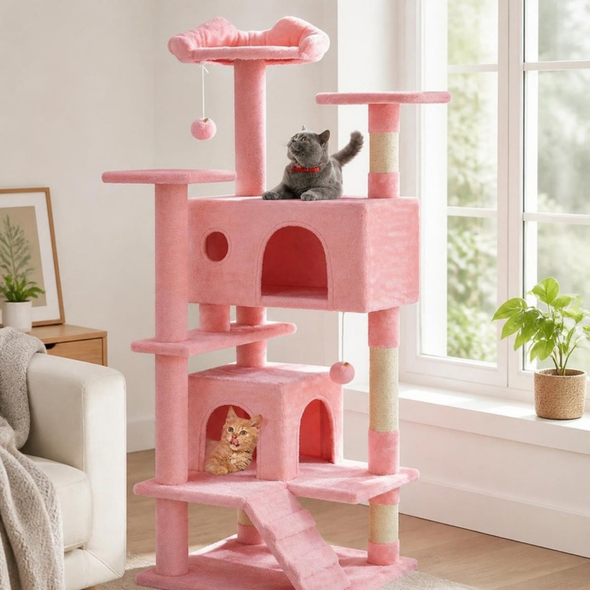 Árbol rascador rosa con gatos en el living