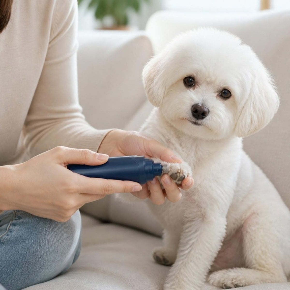 Lima de uñas en uso con un perrito blanco