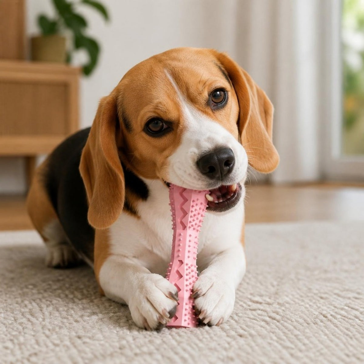 Beagle mordiendo el mordedor dental