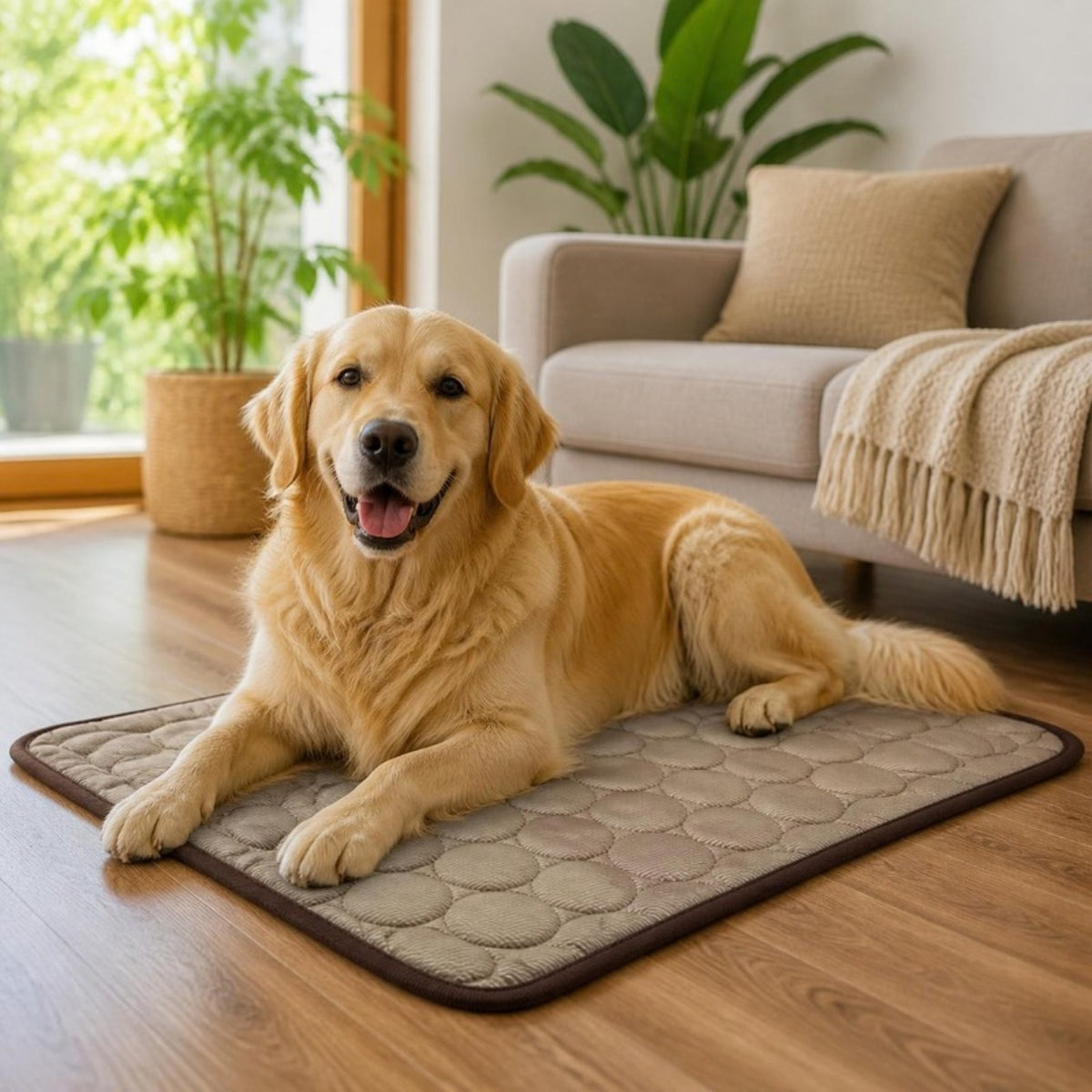 Perro acostado sobre la manta refrescante en el living