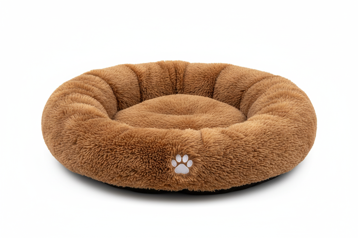 cama de peluche redonda para animal color  marron