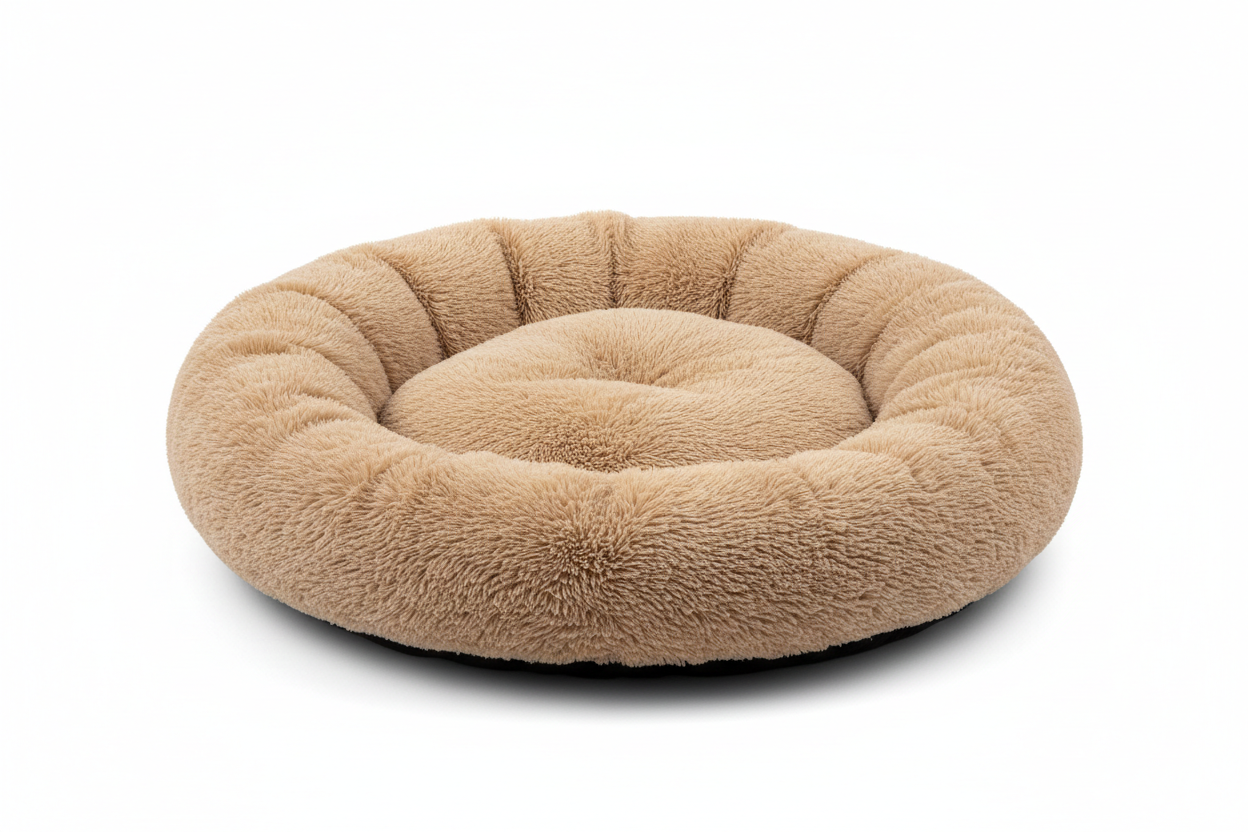 cama redonda de peluche   color beige para animal