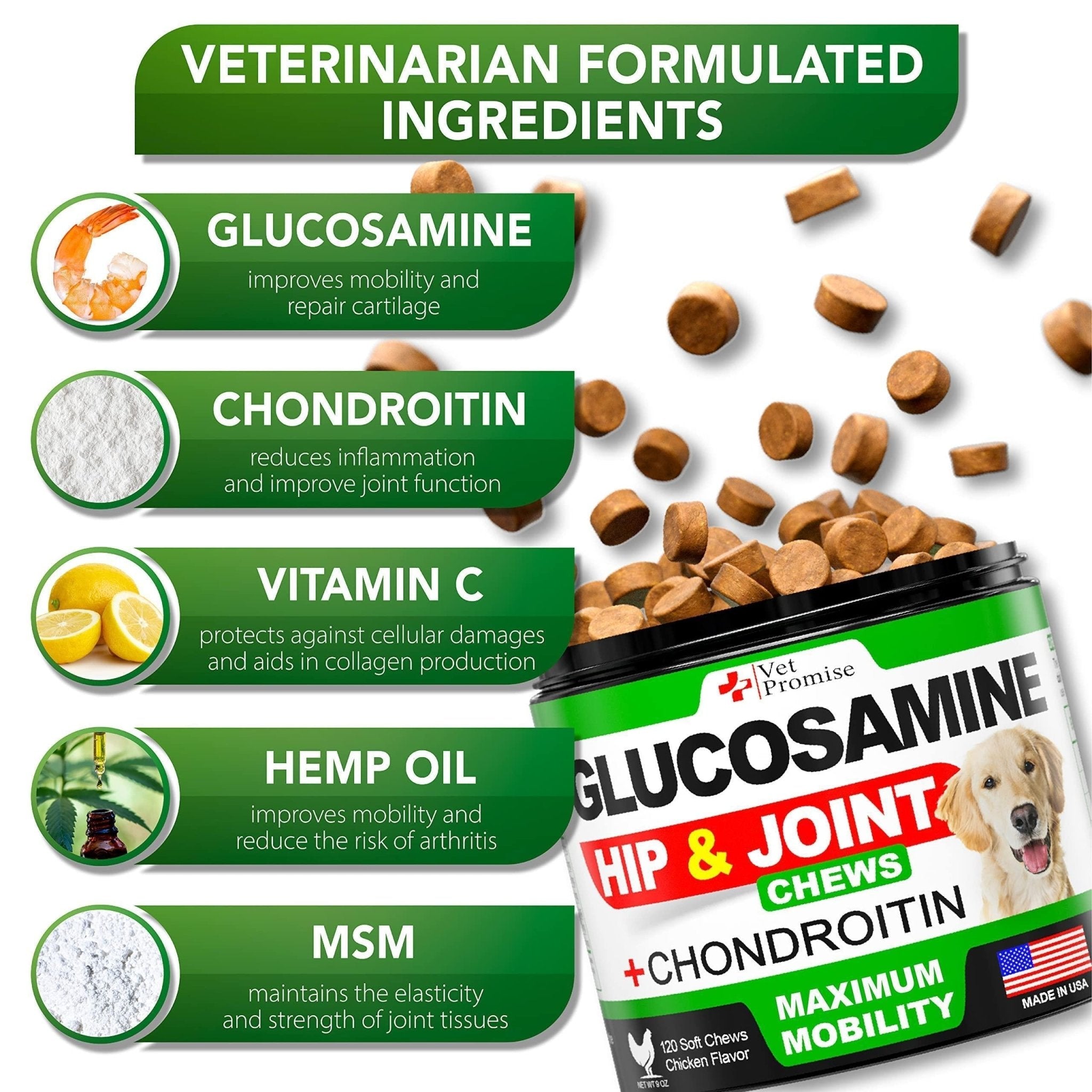 Glucosamine for Dogs Hip and Joint Supplement for Dogs 120 Mobility Chews - Mascotitas