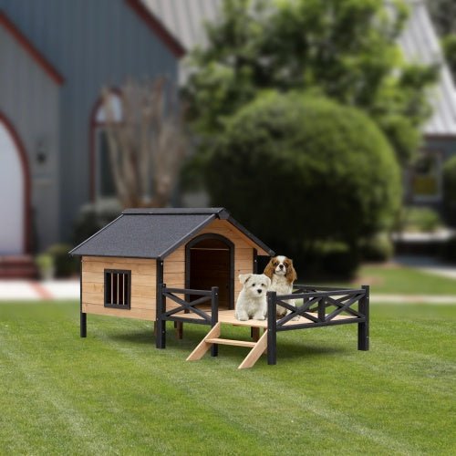 Outdoor Large Cabin Style Wooden Kennel With Porch - Mascotitas
