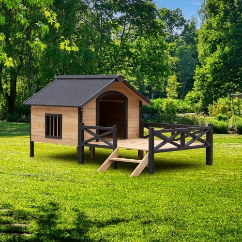 Outdoor Large Cabin Style Wooden Kennel With Porch - Mascotitas